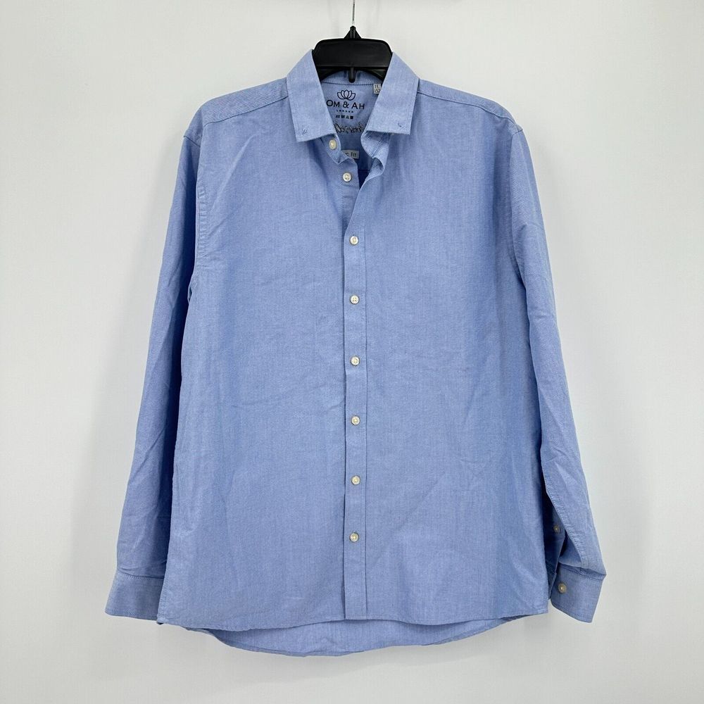Om & Ah London Mens Large Blue Button Down‎ Classic Fit Work Business Casual